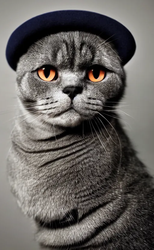 Image similar to portrait photo of scottish fold cat wearing a military hat, pure grey fur, highly detailed, high resolution, cosplay photo, stunning, bokeh soft, trending on instagram, by professional photographer, soldier clothing, military uniform, shot with a canon