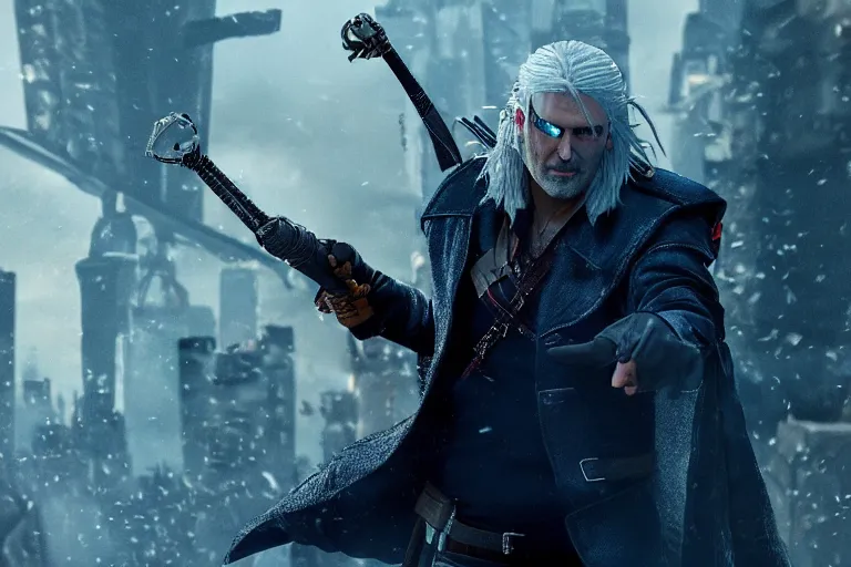 Image similar to vfx movie closeup suave handsome grinning vampire with long white hair, trench coat, dual wielding large revolvers, leaping into the air, low gravity in a shattered reality of new york city, cool aviators witcher devil may cry by emmanuel lubezki