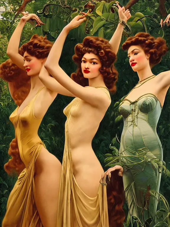 Prompt: Zendaya as the three graces, a beautiful art nouveau portrait by Gil Elvgren and Gerald Brom and Alberto Vargas and Bill Henson, Nile river water garden environment, centered composition, defined features, golden ratio, golden jewelry