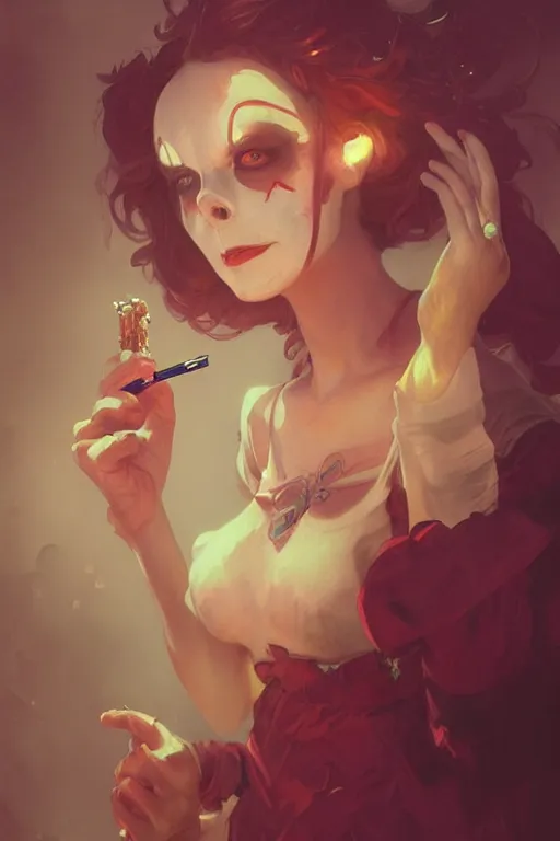 Prompt: creepy clown girl smoking a cigarette, highly detailed, digital painting, artstation, concept art, smooth, sharp focus, illustration, art by artgerm and greg rutkowski and alphonse mucha and loish and WLOP,