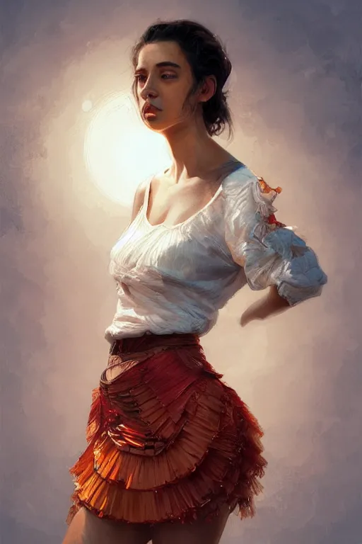 Prompt: portrait of spanish girl dancing with a skirt made out of fruit bananas, intricate, elegant, glowing lights, highly detailed, digital painting, artstation, sharp focus, illustration, art by wlop, mars ravelo and greg rutkowski