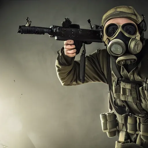 Image similar to Tactical soldier wearing gas mask and holding machine gun, call of duty, tactical, soldier, 8k, ultra hd, perfect light