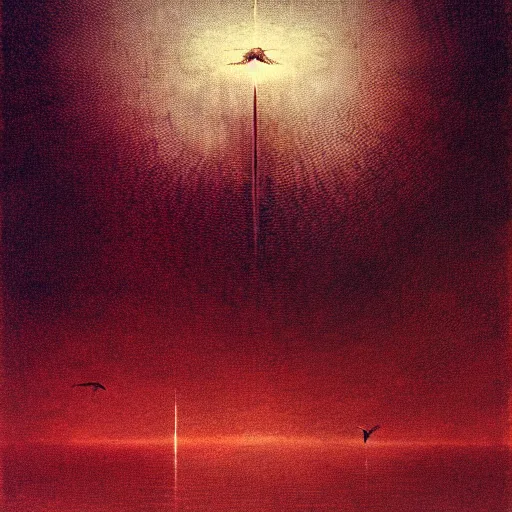 Prompt: flying birds, shining light, by beksinski, shining light, strong perspective, clear geometry, architecture, Award winning. Masterpiece, detailed illustration