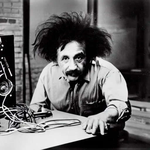 Prompt: Studio photo of Einstein building a PC, by Leibowitz, detailed, photorealistic