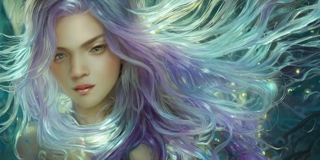 Image similar to wide angle, opalescent purple panther, metallic silver and ice color reflected crystal hair, leaping from babaob tree, fantasy, intricate, very beautiful, elegant, golden light, highly detailed, digital painting, artstation, concept art, smooth, sharp focus, unreal engine, art by wlop and tian zi and alphonse mucha