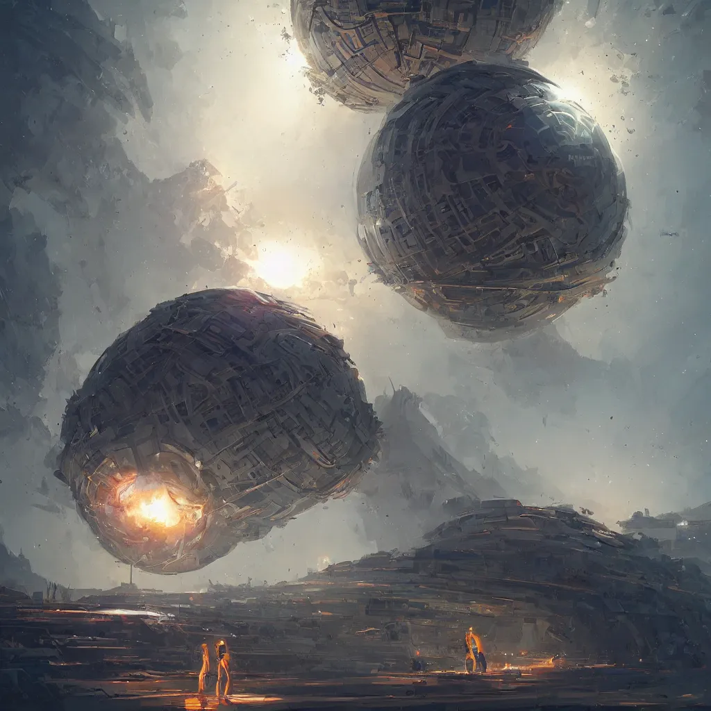 Image similar to dyson sphere program, by greg rutkowski, by rhads, by jesper ejsing, so many wires, sharp focus, man standing, colony, atom