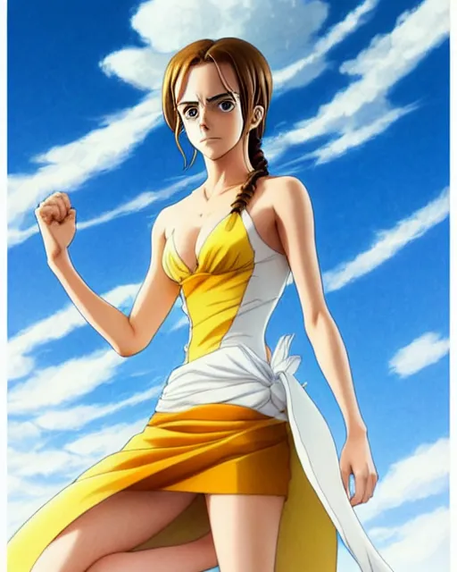 Image similar to emma watson as nami from one piece, simple cream dress, detailed perfect face, mid view, by artgerm, by studio muti, greg rutkowski makoto shinkai takashi takeuchi studio ghibli