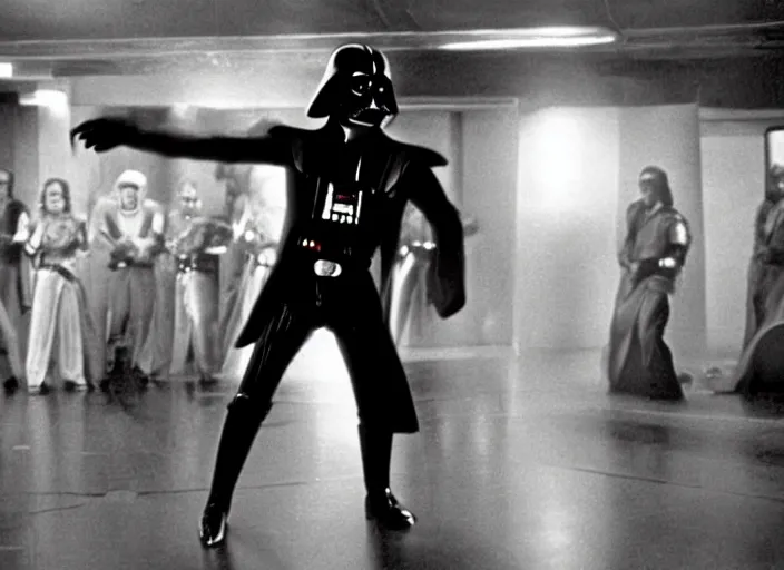 Image similar to film still of Darth Vader dancing as Tony Manero in Staying Alive 1983,