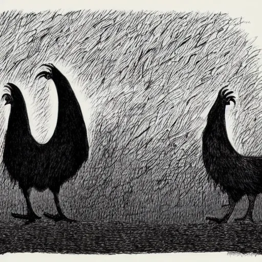 Prompt: black chicken by John Kenn mortensen, ultra-detailed pen and ink illustration