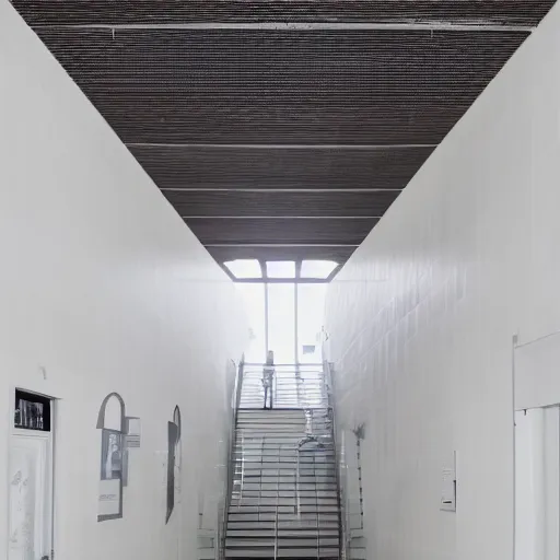 Image similar to photo of a vast interior space of randomly connected corridors, stairs and rooms. ceramic white tiles on all the walls.