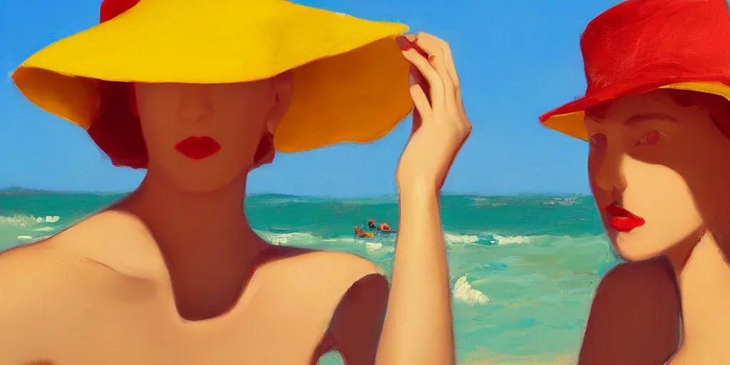 Image similar to beautiful oil matte portrait painting, young woman with red dress and mustard yellow summer hat at a beach on a sunny day, wonderful masterpiece highly detailed, beautiful cinematic light deep focus, elegant, digital painting, smooth, sharp focus, golden ratio, dramatic illumination, ultra realistic, 8 k, art by andy warhol