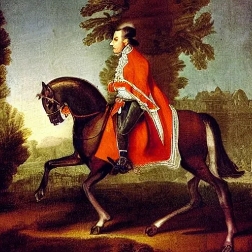 Image similar to Mozart riding a horse.