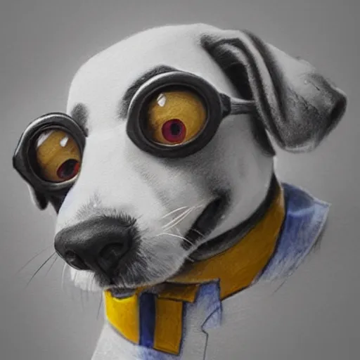 Image similar to an epic painting minion looking like a dog, pencil drawing, perfect composition, golden ratio, beautiful detailed, photorealistic, digital painting, concept art, smooth, sharp focus, illustration, artstation trending, octane render, unreal engine