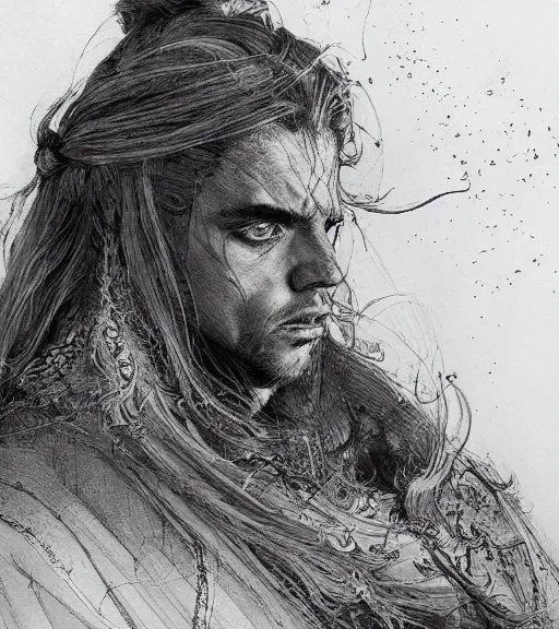 Image similar to portrait of man with long blond hair tied up wearing black robes, pen and ink, intricate line drawings, by craig mullins, ruan jia, kentaro miura, greg rutkowski, loundraw