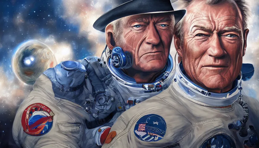 Prompt: Digital painting of John Wayne and Clint Eastwood in space, hyperdetailed, artstation, cgsociety, 8k