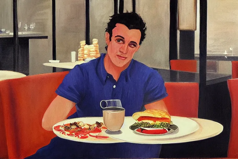 Prompt: busser in a restaurant declares his undying love to an empty plate, art by dean macadam