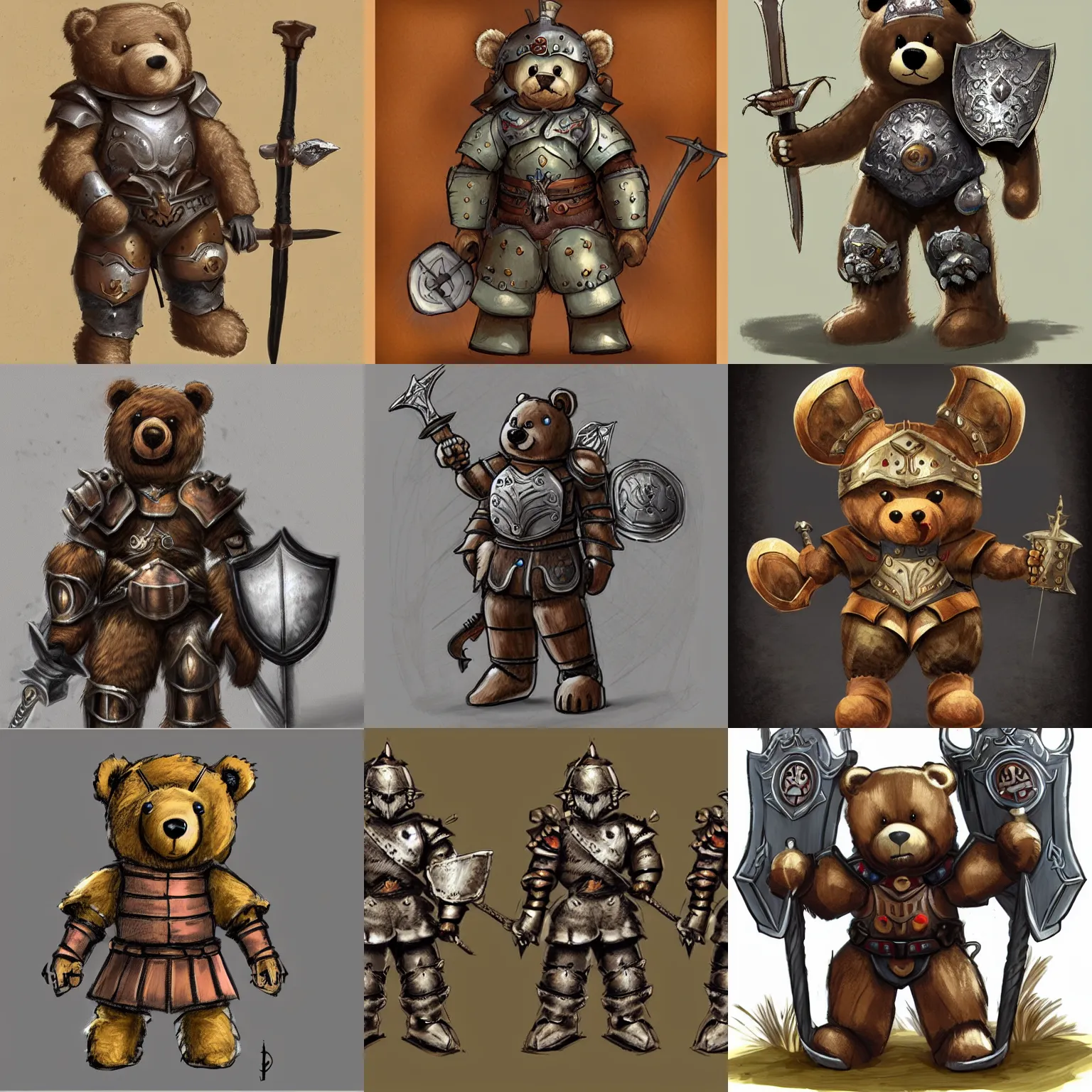 Prompt: teddy bear with armor, sword, and shield, concept art, detailed ornate character design