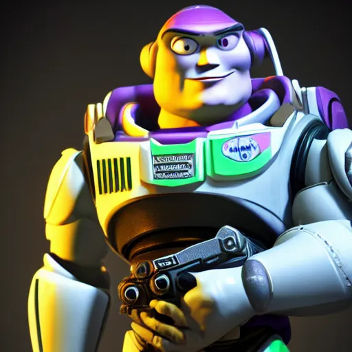 Image similar to Buzz Lightyear in Gears of War, highly detailed, high quality, HD, 4k, 8k, Canon 300mm, professional photographer, 40mp, lifelike, top-rated, award winning, realistic, sharp, no blur, edited, corrected, trending