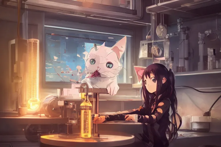 Image similar to anime neko woman scientis with cat ears wearing a lab coat looking at a measuring device on a table, highly detailed illustration, digital art, 4 k, by yoshitaka amano, by greg rutkowski, by dan mumford, beautiful face, warm lighting, atmoshpheric, trending on artstation, octane render