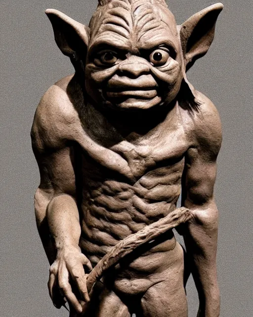 Prompt: 'an encyclopedia page with a picture of a clay sculpture of a goblin' clay sculpture, photograph, zoomed out, zoomed out, zoomed out