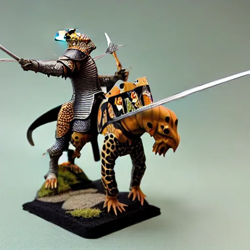 Image similar to A medieval knight riding on a giant leopard gecko, highly detailed, fantasy, painted wargaming miniature