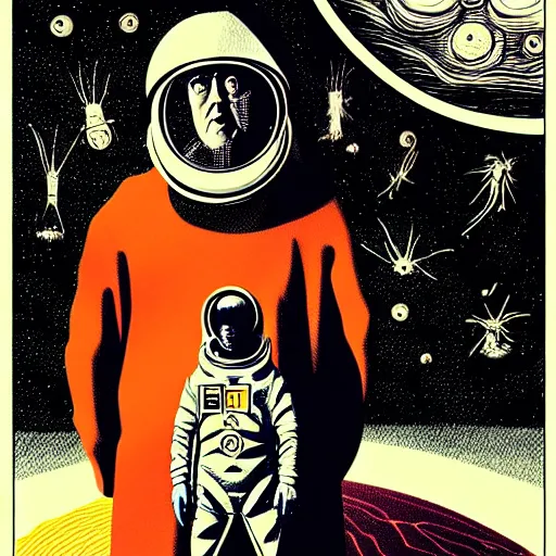 Image similar to graphic illustration, creative design, aleister crowley as an astronaut, biopunk, francis bacon, highly detailed, hunter s thompson, concept art