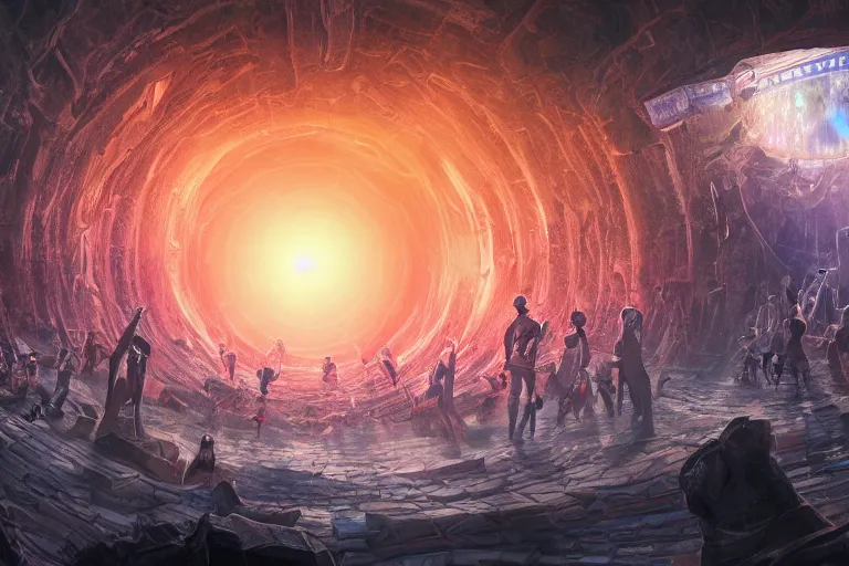 Prompt: a line of people entering a huge dimensional portal, digital painting, mixed media, trending on artstation and deviantart, epic composition, highly detailed, 8 k