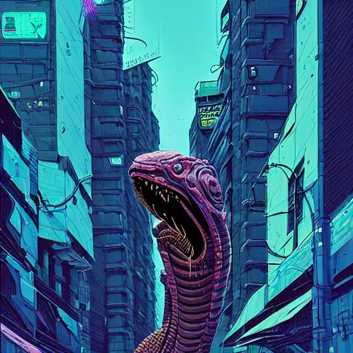 Image similar to A cyberpunk reptile viper head cyborg on the street of a cyberpunk city art by Josan Gonzalez, sci-fi, highly detailed, digital painting, artstation, smooth, sharp focus, illustration, concept art by Josan Gonzalez and James Gurney and Mœbius