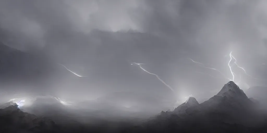 Image similar to mount olympus, fog, amazing lightning art, fog, octane render, ray tracing, realistic fire sharp focus, long shot, 8 k resolution, cinematic