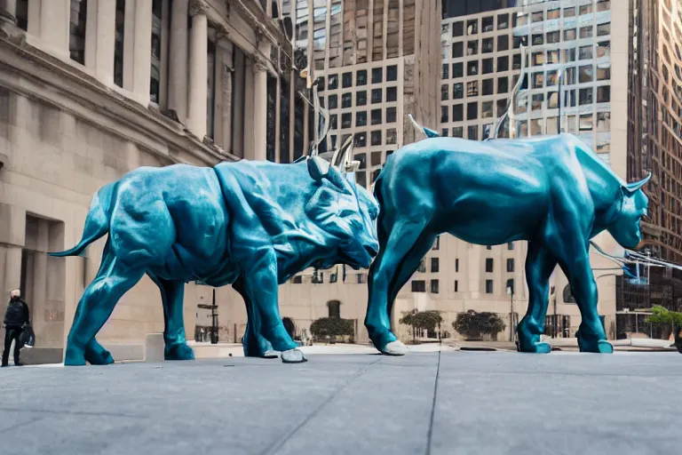 Image similar to cyber bull of Wallstreet (designed by Apple), XF IQ4, 150MP, 50mm, f/1.4, ISO 200, 1/160s, natural light, Adobe Photoshop, Adobe Lightroom, DxO Photolab, Corel PaintShop Pro, rule of thirds, symmetrical balance, depth layering, polarizing filter, Sense of Depth, AI enhanced