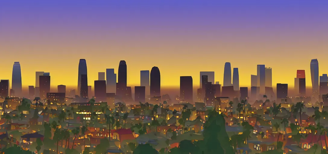 Image similar to cartoony skyline of l. a. at dusk by lou romano, pixar, disney