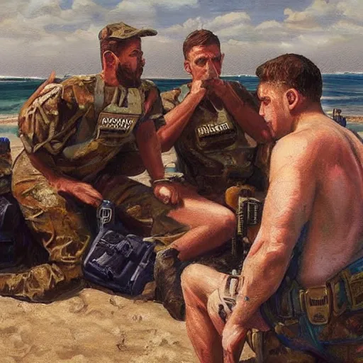 Image similar to rich drug dealers are arrested on the beach by the military, oil painting, highly detailed, 4 k