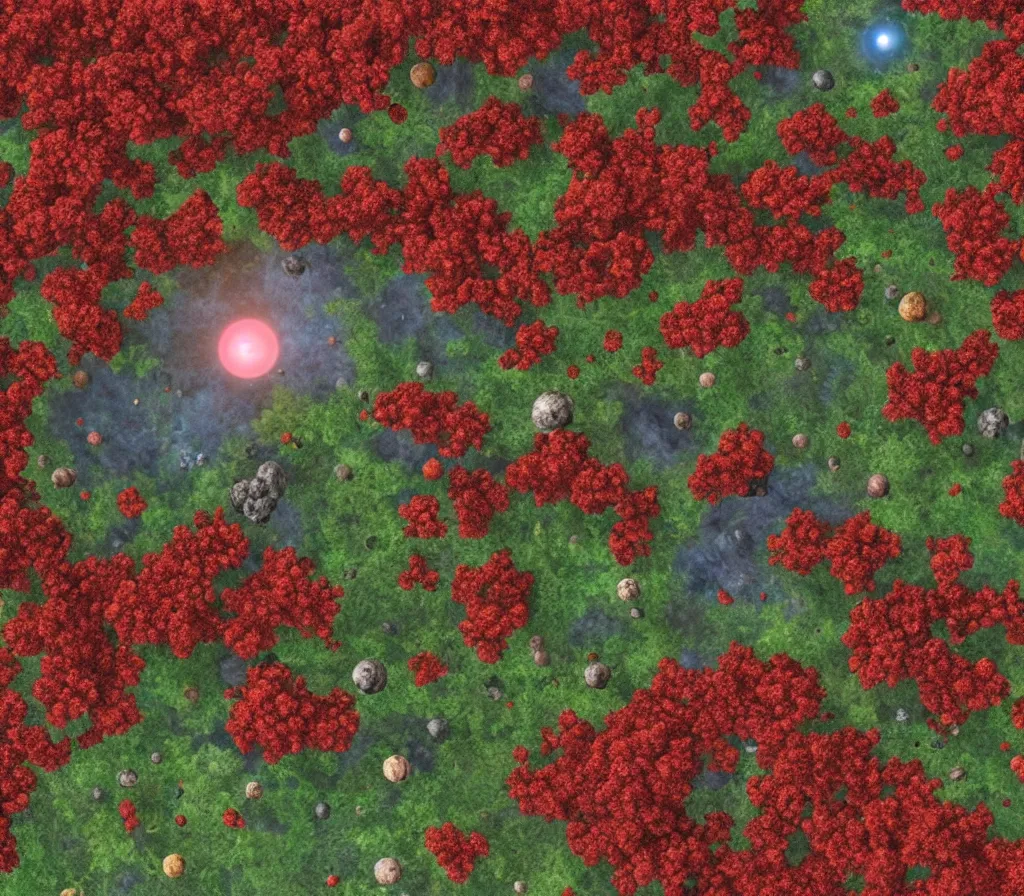 Prompt: habitable exoplanet with alien red plants and many different animal species