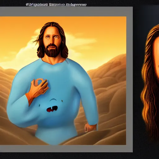 Prompt: portrait of jesus and (photorealistic version of mr meeseeks), golden hour, detailed matte painting, cinematic, in the style of Simon Dewey, artstation,