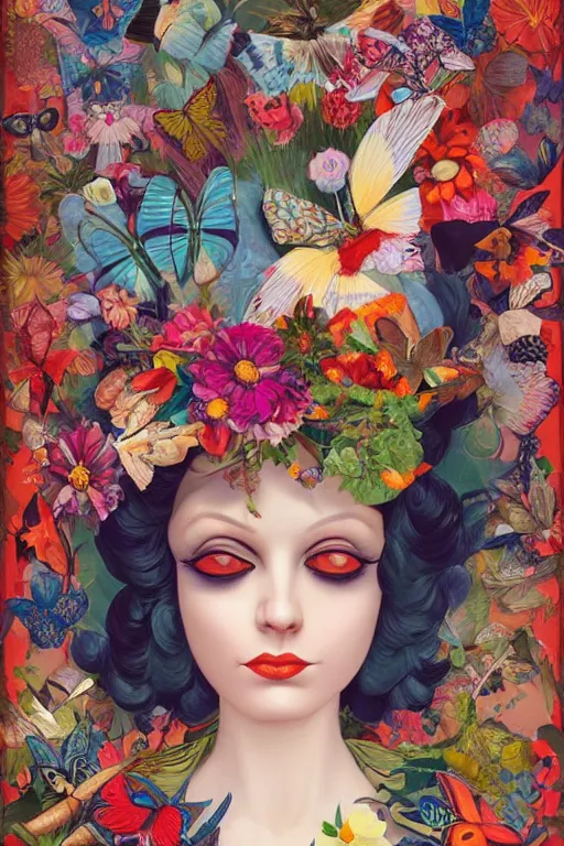 Prompt: illustration woman with exotic flowers on her head, flowers, butterflies, surrealist style, Collage Art by James Jean, masterpiece, Edward Hopper and James Gilleard, Ross Tran, Mark Ryden, Wolfgang Lettl, Yayoi Kasuma