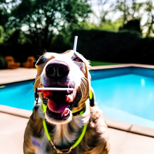 Image similar to a very detailed photo of a dog smoking a cigar outside the mansion by the pool