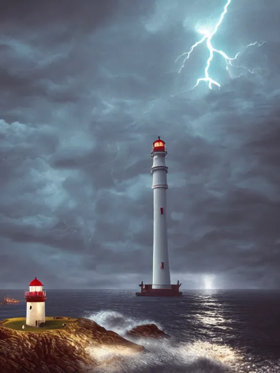 Prompt: photo of 8k ultra realistic lighthouse on island, heavy rain, ,lightning storm, boat lights in distance, night, light shining, heavy seas, full of colour, cinematic lighting, battered, trending on artstation, 4k, hyperrealistic, focused, extreme details,unreal engine 5, cinematic, masterpiece, art by studio ghibli