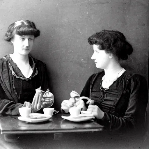 Image similar to a black and white photograph of two young edwardian women sitting in a cafe in paris