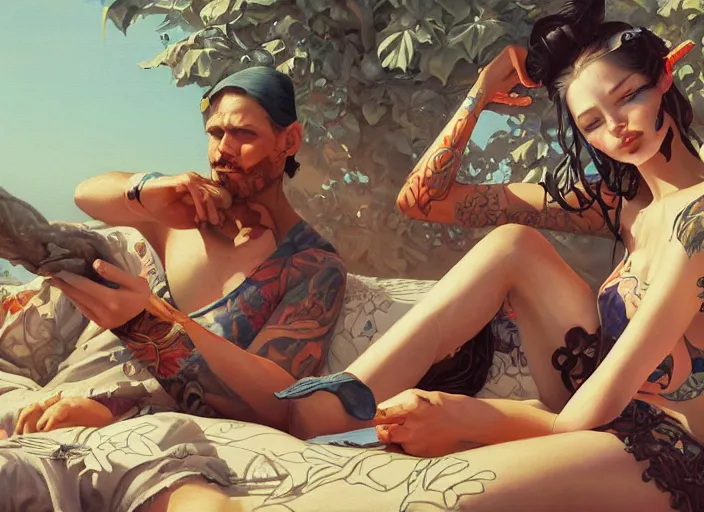 Prompt: beautiful painting of a chill day in summer, by Gerald Brom, James Jean, Krenz Cushart, Yuumei, Death Burger. trending on Artstation, 8k, masterpiece, graffiti paint, fine detail, full of color, intricate detail, golden ratio illustration