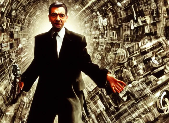 Prompt: hyper realistic, production still of mr. bean playing neo in matrix ( 1 9 9 9 ), 4 k, highly detailed, anamorphic