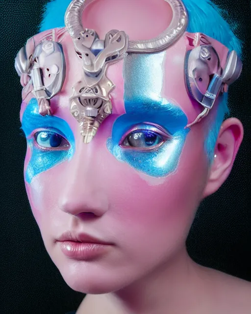 Image similar to natural light, soft focus portrait of a android with soft synthetic pink skin, blue bioluminescent plastics, smooth shiny metal, elaborate ornate head piece, piercings, venetian mask, skin textures, by annie liebovotz, paul lehr,