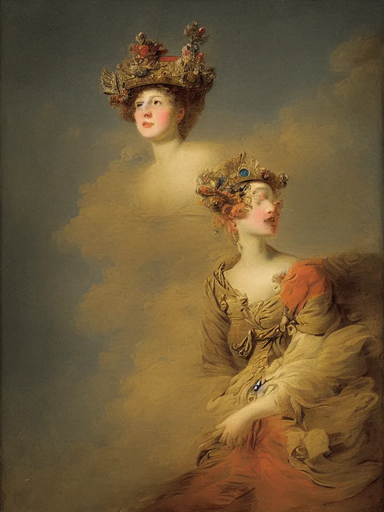 Image similar to portrait of a lonely female soldier floating in the air, wearing a crown, by jean honore fragonard