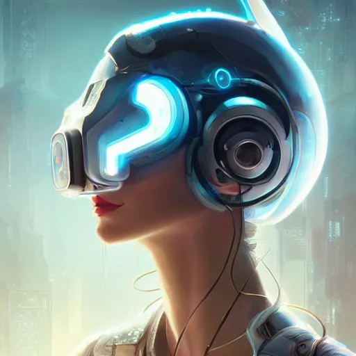 Prompt: a portrait of a beautiful cybernetic girl wearing occulus rift headset, cyberpunk concept art by pete mohrbacher and wlop and artgerm and josan gonzales, digital art, highly detailed, intricate, sci-fi, sharp focus, Trending on Artstation HQ, deviantart, unreal engine 5, 4K UHD image