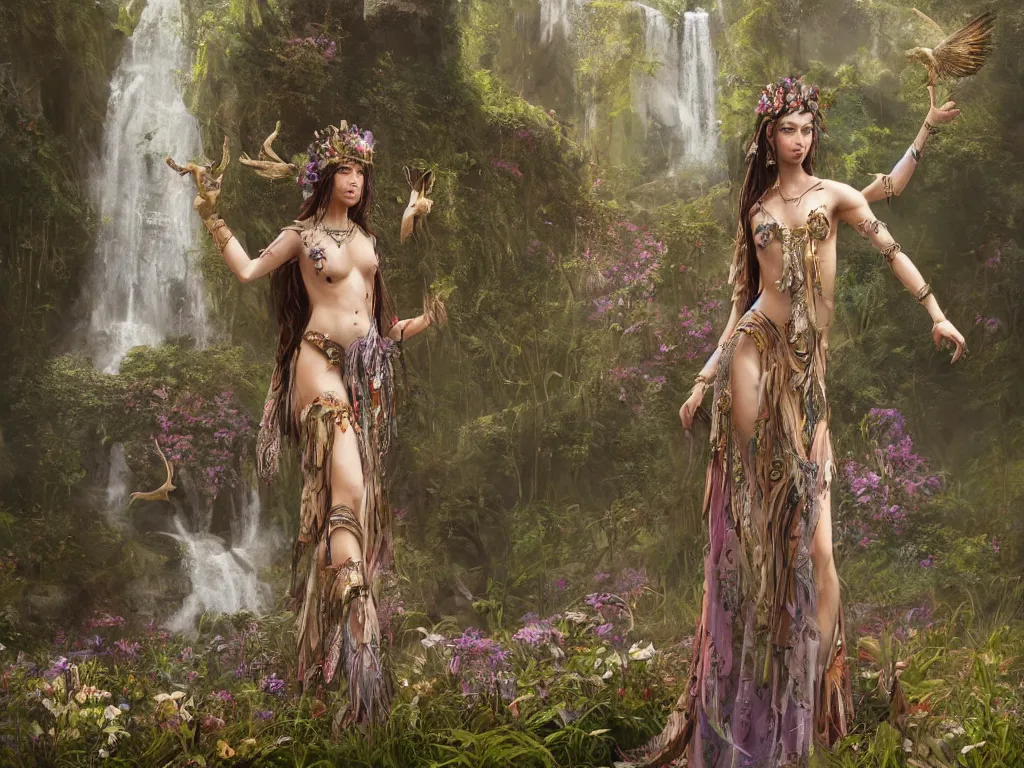 Image similar to a beautiful divine tribal high priestess with feathers and crystals in a lush field of flowers, highly detailed medieval temple with waterfall and deer water nymphs behind her, wide painting by greg rutkowski and hr giger, zbrush, trending on artstation