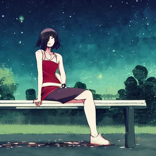 Image similar to a woman in a skirt sitting on a parkbench, night sky, digital art, anime style, by conrad roset, highly detailed, trending on artstation