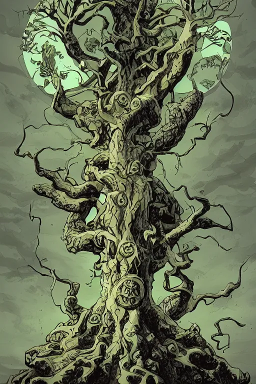 Image similar to Yggdrasil the tree of life by Mike Mignola and Richard Corben, trending on artstation, stylized, unreal engine, depth of field, subsurface scattering