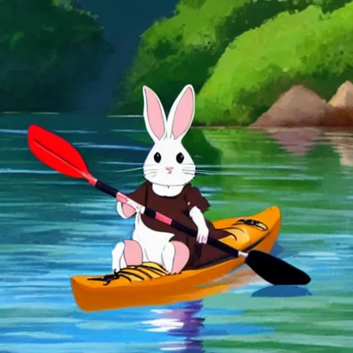 Image similar to a rabbit paddling a kayak in the style of studio ghibli