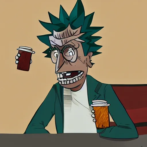 Prompt: Rick Sanchez at starbucks, artstation, digital art, award winning