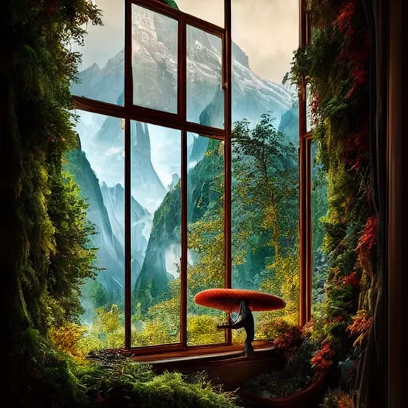 Prompt: fantastical living room with switzerland landscape in the window by marc adamus, beautiful dramatic lighting, overgrown with funghi, style by peter deligdisch, peterdraws