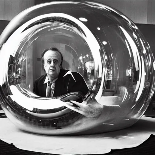 Image similar to Marshall McLuhan trapped in a huge inflatable transparent tube with chrome effect